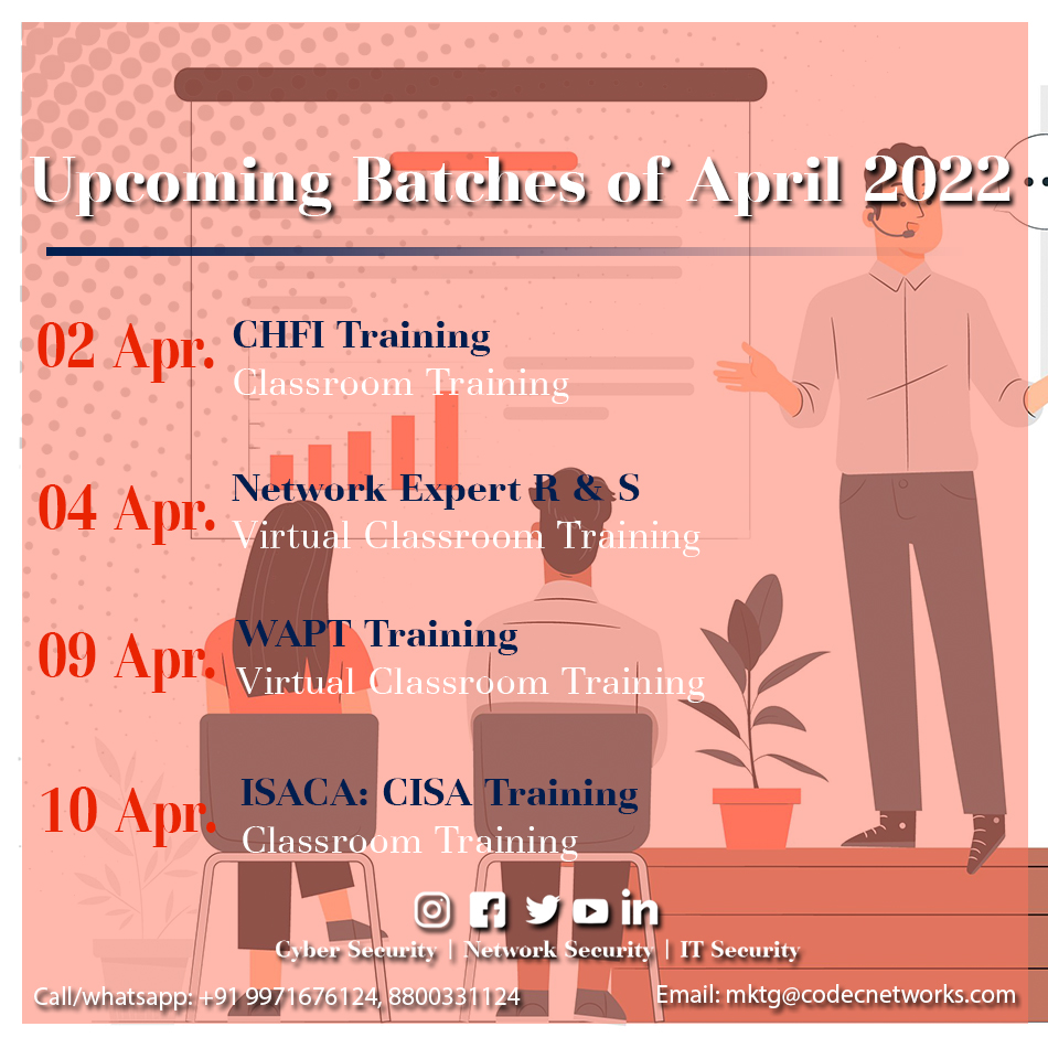 Codec_Networks's tweet photo. Register Now for Upcoming Scheduled #TrainingBatches in April 2022.
🌟Book Now https://t.co/jMnEpujfQq

🌟 #TrianingCalander https://t.co/fEr01LZbNj

🌟 #CyberSecurityTraining 👉 https://t.co/5YcR9NPQRJ

#CodecNetworks #ITTraining #CEHTaining #ECSATraining #ITCertification https://t.co/QmTGNm6PU8