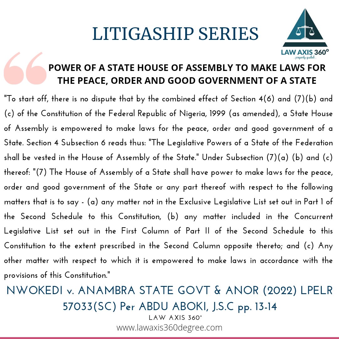 LawAxis360's tweet photo. This week on Litigaship Series features the power of a state house of assembly to make laws for the peace, order and good government of a state.
See flyer for quote
#Lawyers #litigation #Legal #Court #APPEAL #litigashipseries #LitigationForum https://t.co/feirK5a1CP