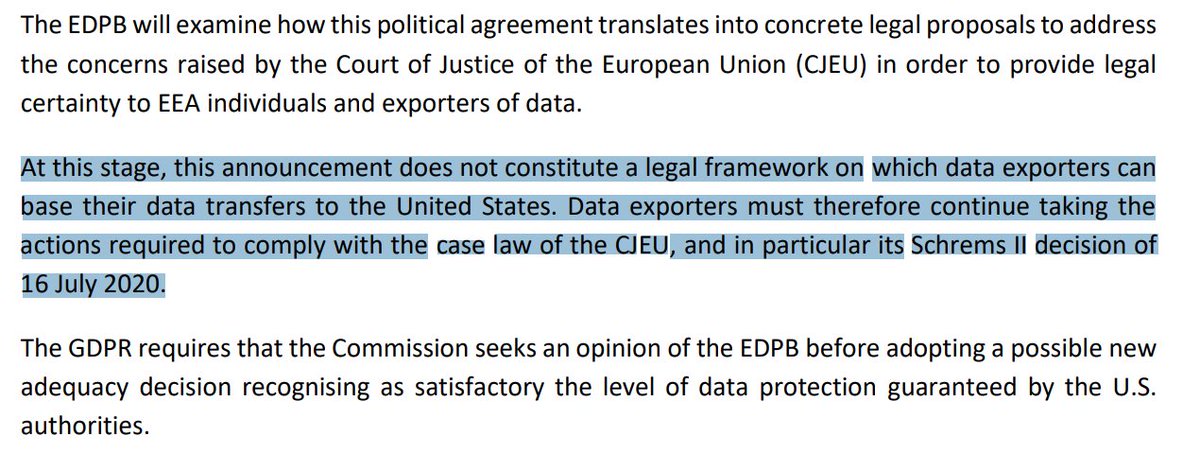 Amis DPO et autres chefs d'entreprise, voici le passage le plus important à retenir de la réaction des CNIL européennes sur l'annonce précipitée d'un accord censé légaliser l'export des données personnelles des Européens vers les USA. #RGPD