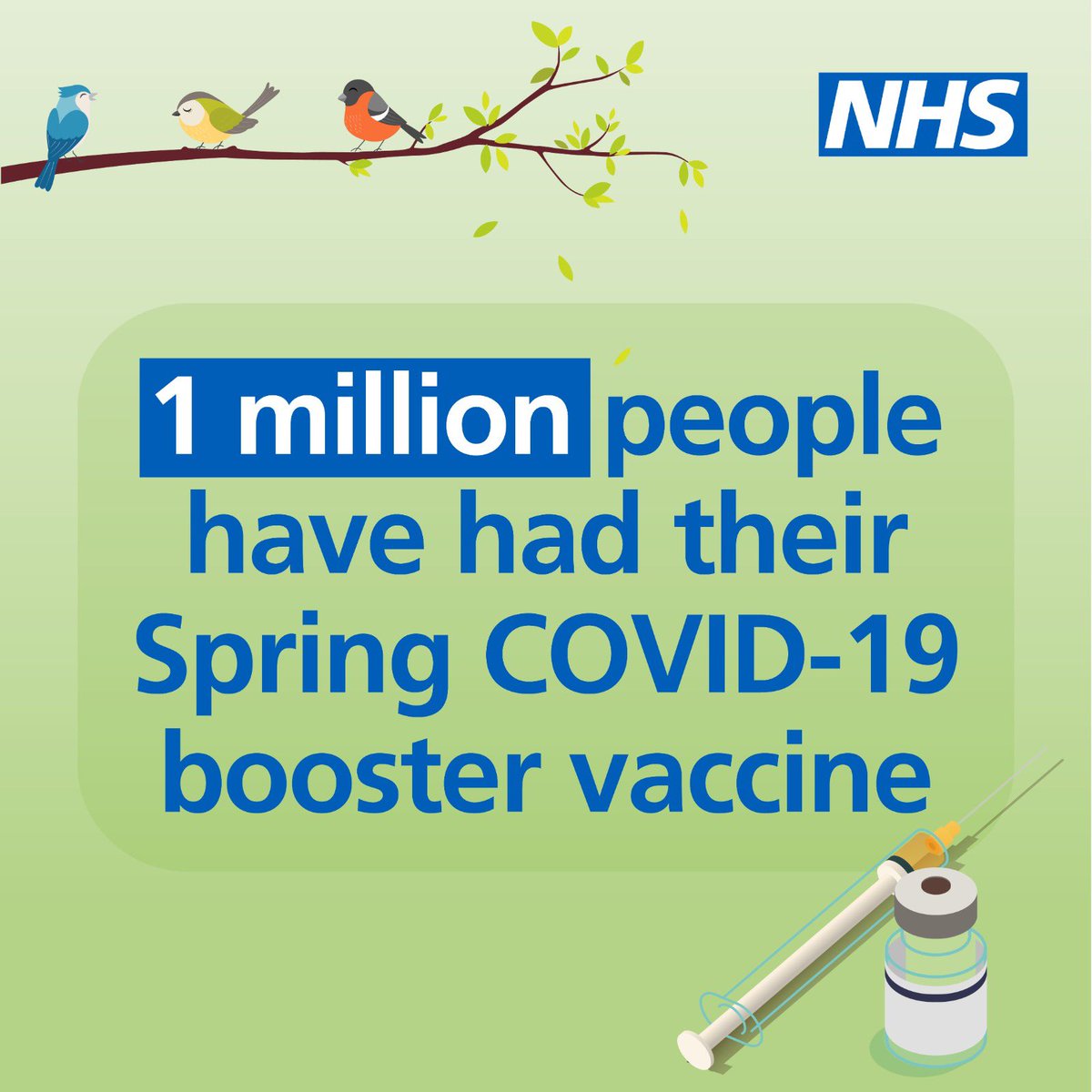 Brilliant to see over 1 MILLION eligible people in England have rolled up their sleeves for their Spring booster💉
 
Grateful to our NHS staff for once again rising to the challenge to keep us all safe.
 
When its your turn – please come forward.
 
nhs.uk/conditions/cor…