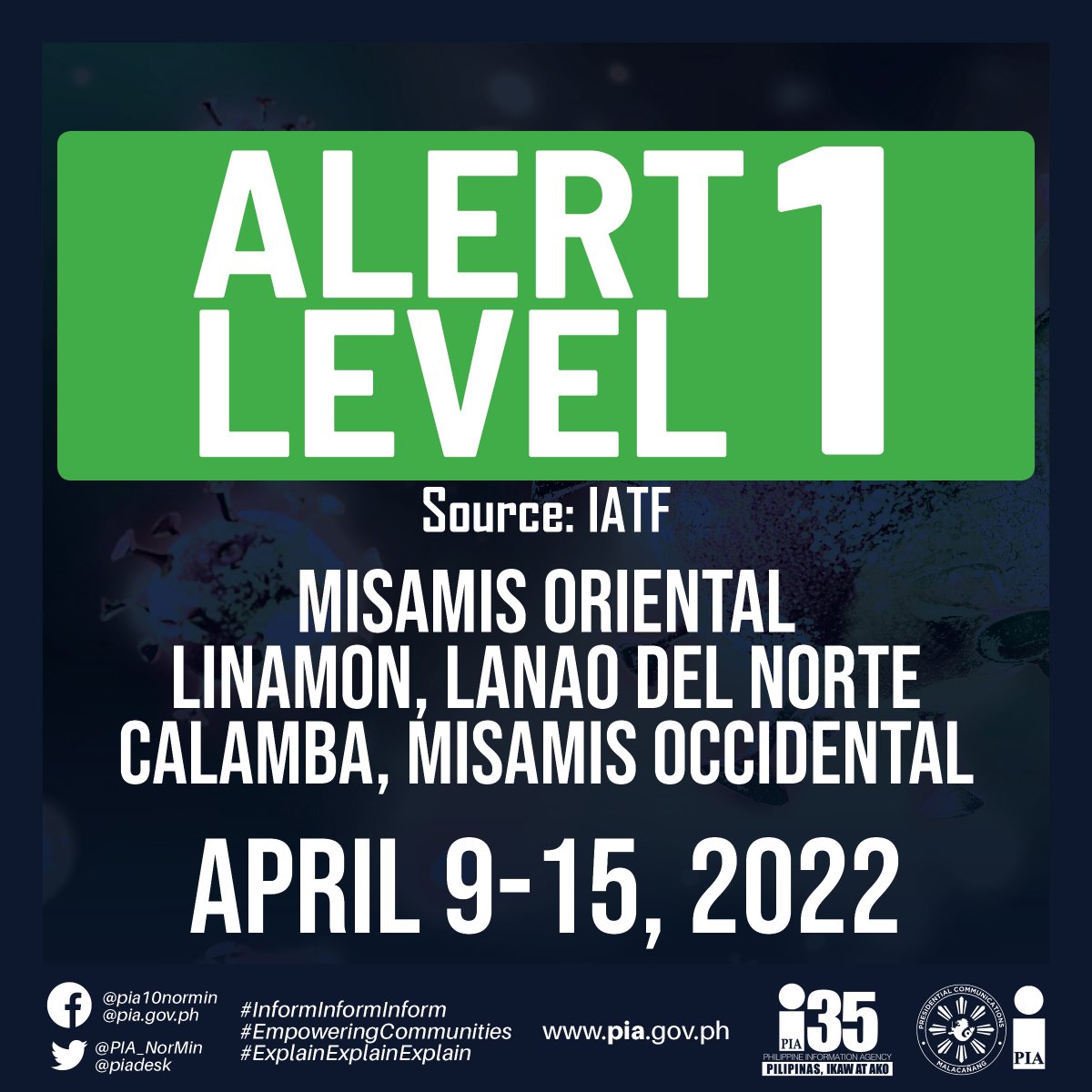 PIA_NorMin's tweet photo. TAN-AWA 😷 | Ipailawom sa Alert Level 1 ang Misamis Oriental, Linamon, Lanao del Norte, ug Calamba, Misamis Occidental, Abril 9-15, 2022
#WeHealAsOne | #BIDASolusyon https://t.co/JxrqvsqabE