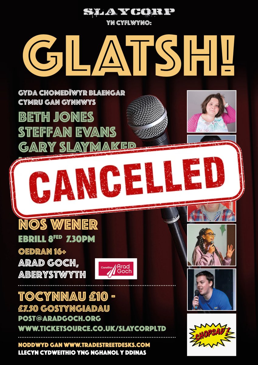 ‼️CYHOEDDIAD‼️

Yn anffodus, oherwydd achosion Covid mae’n rhaid i ni ohirio y Noson Gomedi Glatsh heno. 

Fe fyddwn ni’n aildrefnu’r perfformiad yn y dyfodol agos.