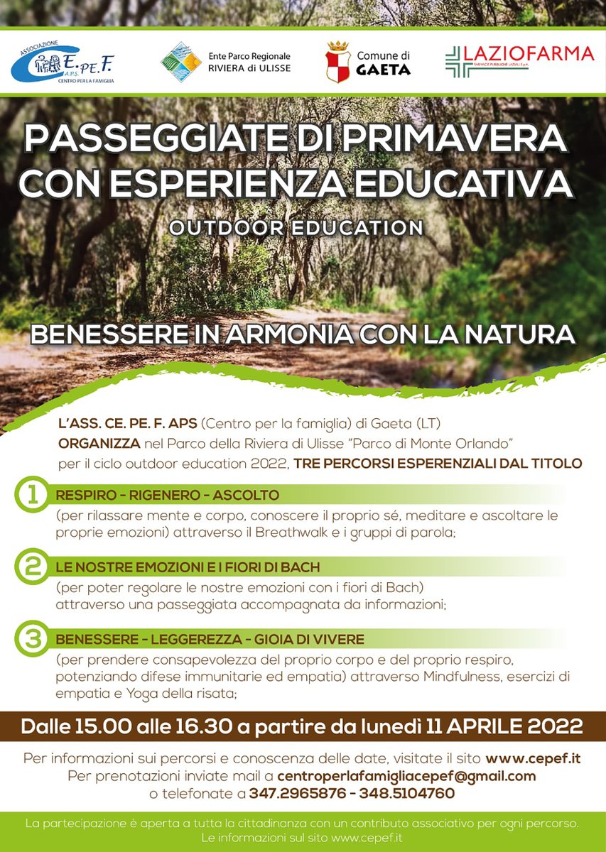 👉 Riparte Outdoor Education 2022 nel #ParcoRegionaleRivieraDiUlisse. Vi aspettiamo al primo appuntamento, lunedì 11 aprile, dalle ore 15:00 alle 16:30, al parco di #MonteOrlando per la “Passeggiata di primavera con esperienza educativa”.

Maggiori info: sportellosociale.it/cepef-static/