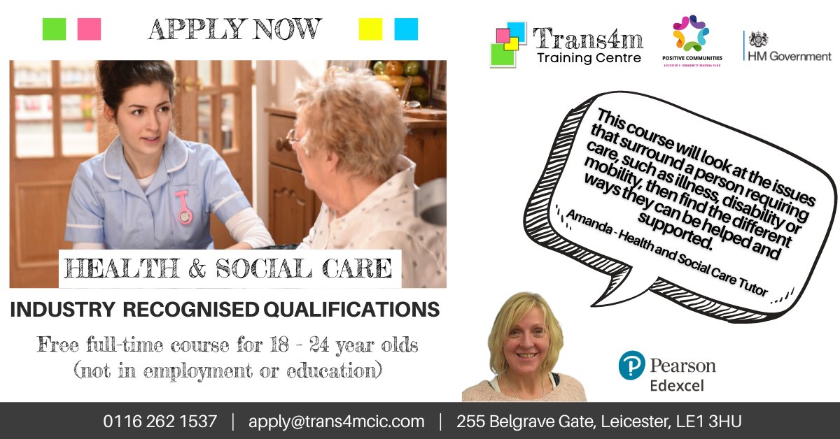Would you like a career in the health and social care sector?

Trans4m Leicester is offering a free 6-week course to young people aged 18 - 24 that would like to a successful career in Health &amp; Social Care 🙌

Email our tutors at socialcare@trans4mcic.com 📲

<a href="/Positive_Coms/">Positive Communities</a>