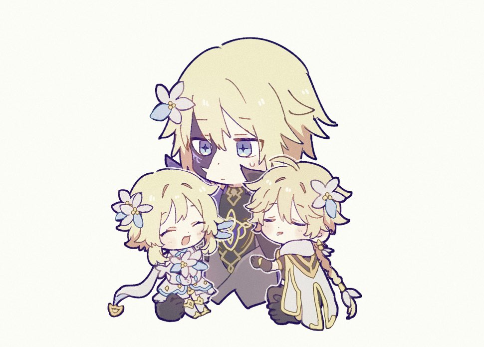 lumine (genshin impact) multiple boys 2boys hair flower flower blonde hair hair ornament closed eyes  illustration images