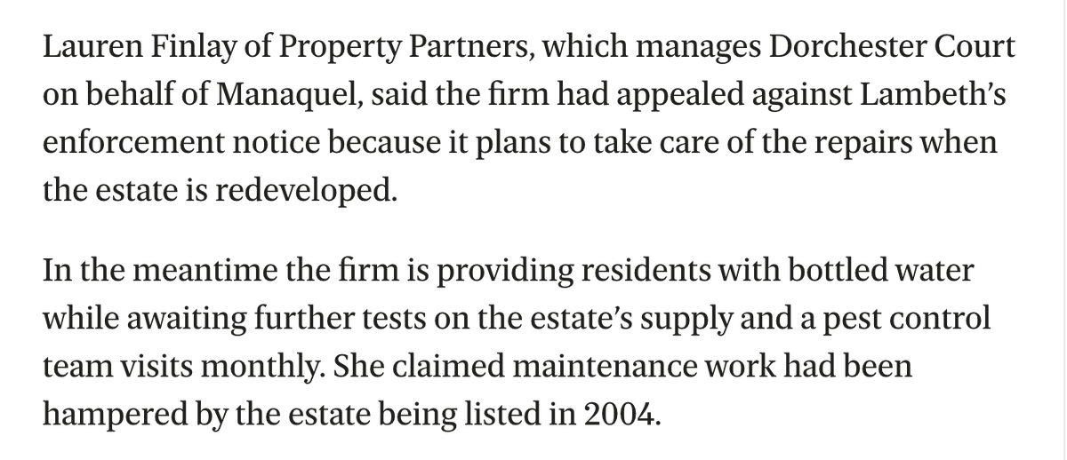 Dorchester Court Tenants’ Union (@court_union) on Twitter photo From the Evening Standard article - landlord again saying they are appealing <a href="/lambeth_council/">Lambeth Council</a>'s enforcement action + will only address hazards if given redevelopment (which evicts us all).
Contractors say bypassing lead pipes is cheap + non-invasive, we are being held hostage! From the Evening Standard article - landlord again saying they are appealing <a href="/lambeth_council/">Lambeth Council</a>'s enforcement action + will only address hazards if given redevelopment (which evicts us all).
Contractors say bypassing lead pipes is cheap + non-invasive, we are being held hostage!