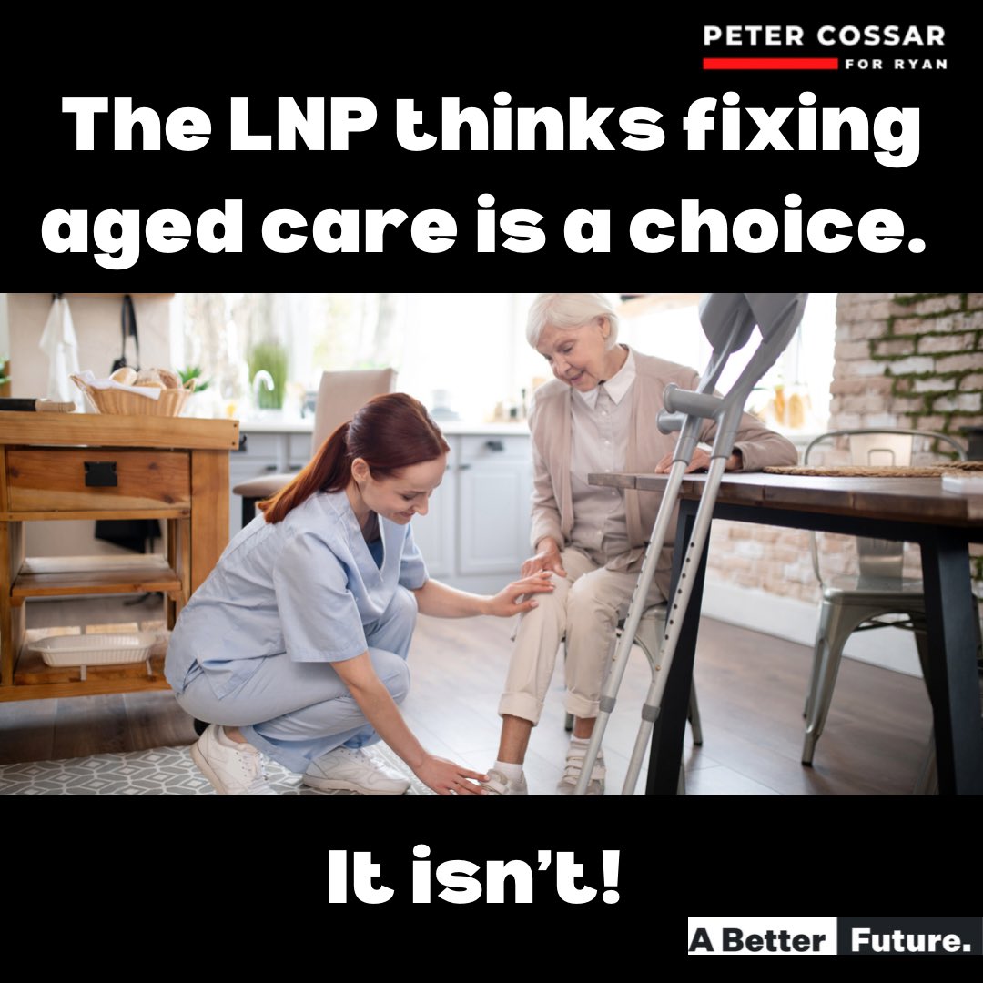 Peter_Cossar's tweet photo. Aged care is in crisis after a decade of shameful LNP neglect. Too many of our elderly loved ones in Ryan and across the country are suffering, and Scott Morrison refuses to do anything about it. Only Labor has a plan to fix aged care.#AusPol2022 #turnryanred #AgedCareCrisis https://t.co/1tu338JQup
