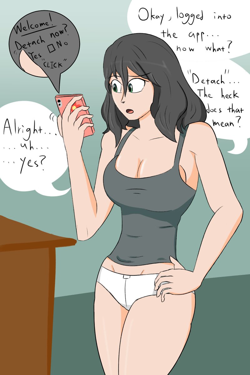 MoreYogurt's tweet image. Natural Body Magic: My designated TF victim OC Maria checks out a "change your body" app.

Upon logging in, she's greeted with a message, and upon carelessly clicking yes, she falls to pieces on the spot.

Continuation soon-ish?