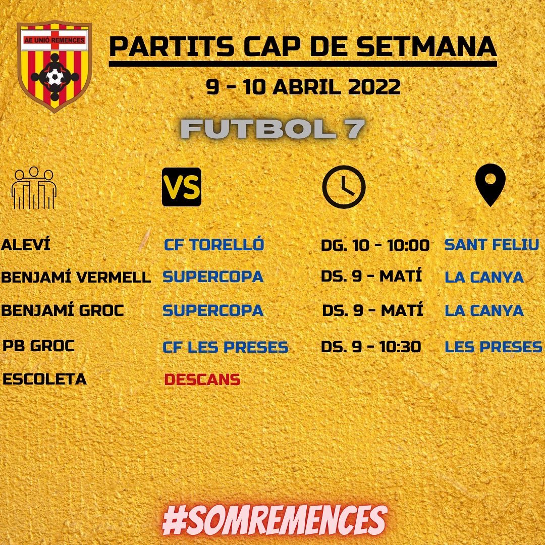 Últim cap de setmana de futbol abans de l'aturada de Setmana Santa! Bon cap de setmana a tots! 😃⚽️🟡⚫️ #SomRemences