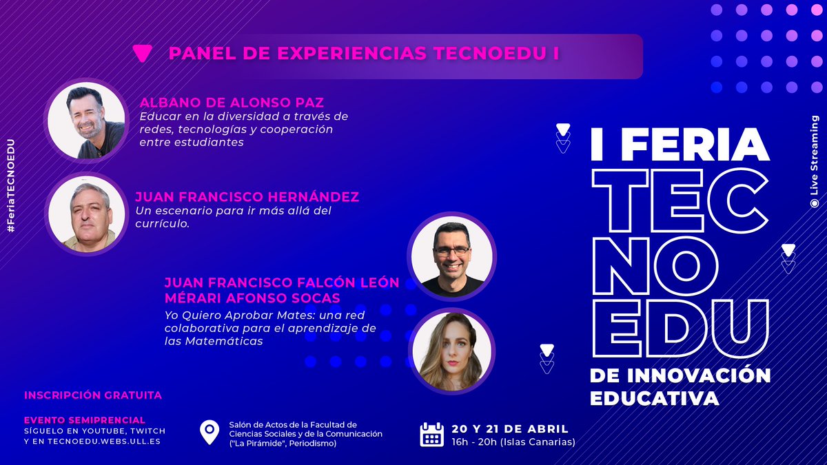 🟣📝En el primer panel de experiencias TECNOEDU contaremos con la participación de <a href="/albanodealonso/">Albano de Alonso</a> <a href="/juanfisicahr/">Juan Francisco</a> <a href="/merariafonso/">Mérari Afonso Socas</a> y <a href="/Yoquierapromat/">Yo Quiero Aprobar Mates</a> 💻

👀¡Qué ganas de poder conocer sus experiencias!🤩

<a href="/ULL/">Universidad de La Laguna</a> @fmguanarteme <a href="/ecoescuela20/">Eco Escuela 2.0</a> <a href="/FacultadEducUll/">Facultad de Educación ULL</a> <a href="/ULPGC/">ULPGC</a> <a href="/fg_ull/">FundaciónGeneral ULL</a> <a href="/CienciaULL/">Cienci@ULL</a>