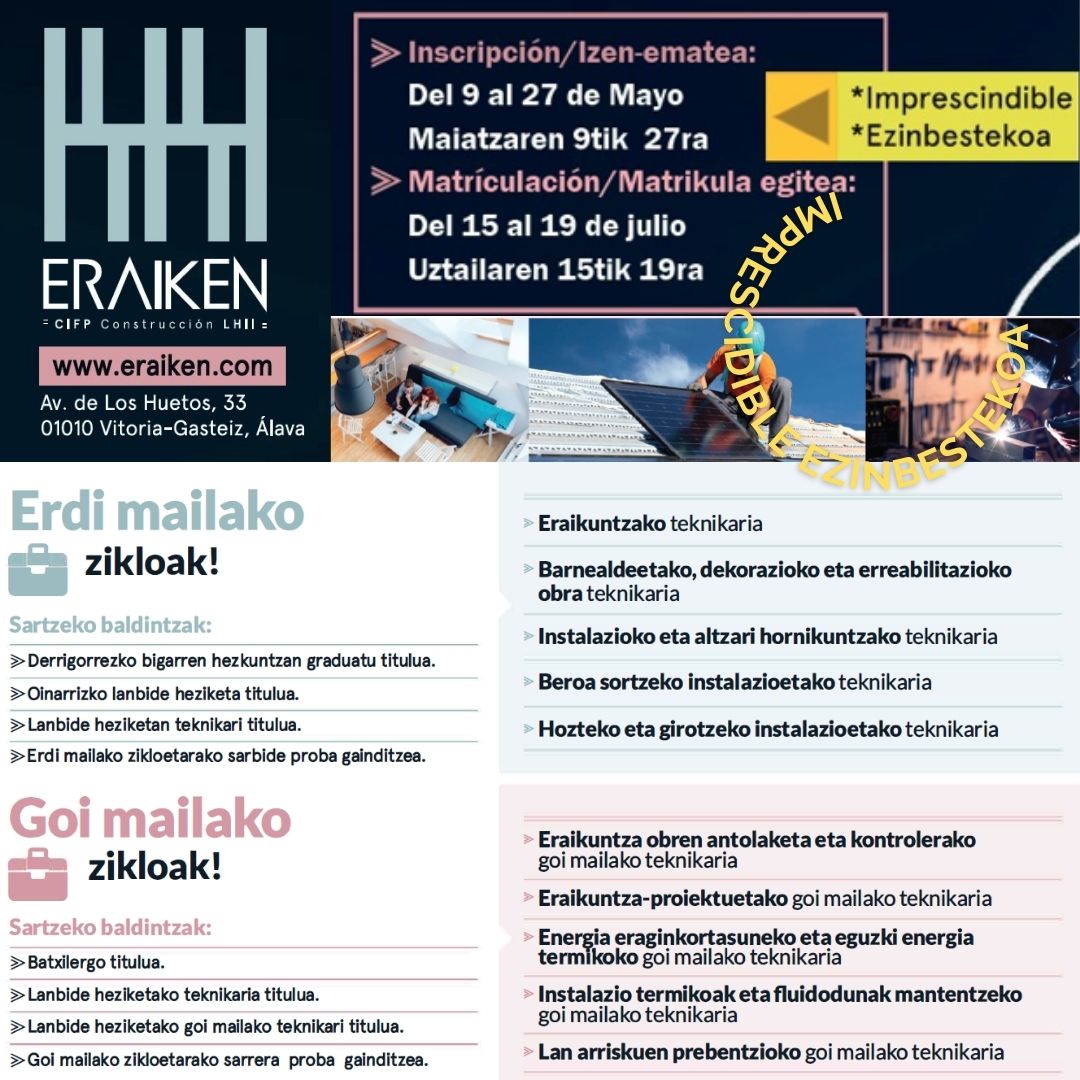 2022-23 Kurtsorako IZEN EMATEA Maiatzaren 9tik 27ra bitartean egongo da zabalik. Ezinbestekoa da izena ematea ondoren matrikula egin ahal izateko.