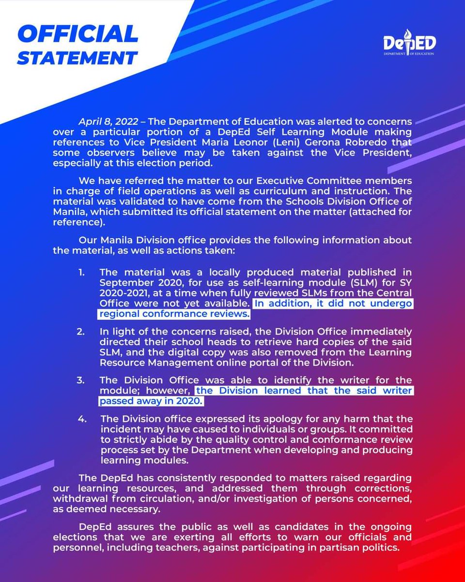 physio_markyyy's tweet photo. DepEd ano ba kayo? :( kayo pa pasimuno ng fake news. Instead na ifact check nyo yan at iproof read. Hinayaan nyo na maging ganyan. 🤦
Puro kayo excuses. Mag resign na kayo dyan!
Additional read:
https://t.co/7LYTkOpgXW
#DepEdPalpak https://t.co/lzwd9EXhxR