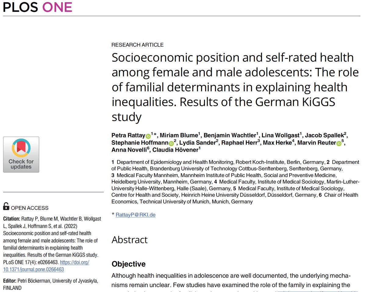 📰Family climate, parental well-being and health behaviour are relevant for #healthinequalities!

The evidence regarding familial determinants on #adolescents’ self-rated health is summarised in our current study, published at <a href="/PLOSONE/">PLOS One</a>: journals.plos.org/plosone/articl…. 
Congratulations!