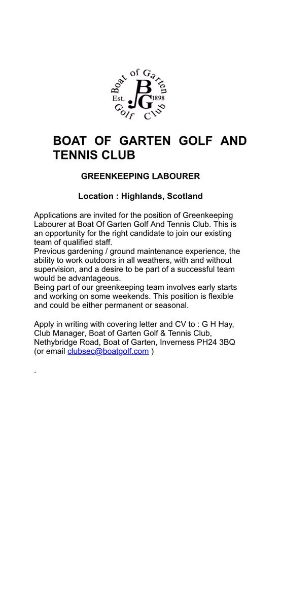 ‼️‼️‼️ Job opportunity ‼️‼️‼️             Fancy joining the team at The Boat! Please get in touch to find out more #greenkeeping  #jobs #jobsinscotland