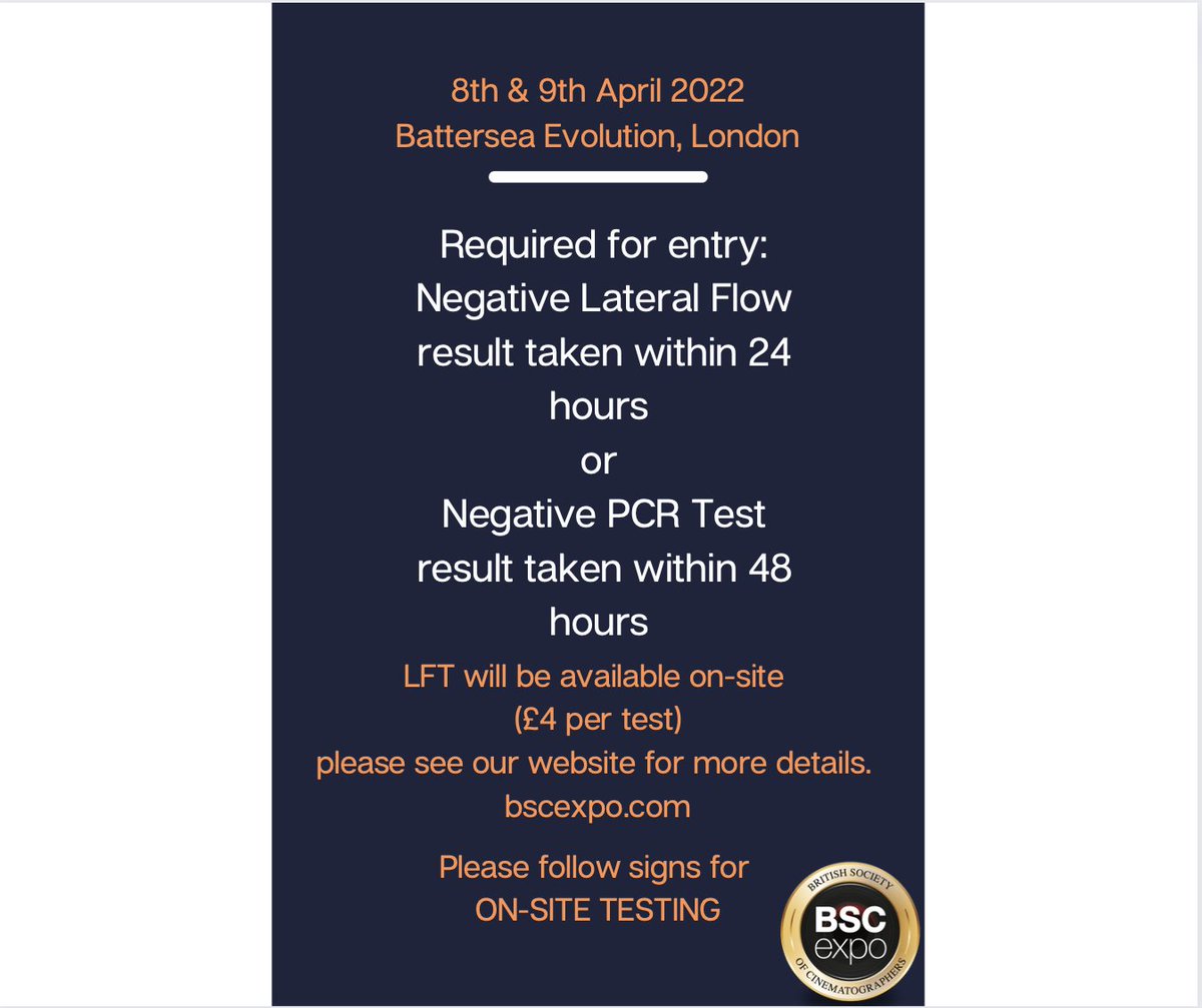Reminder please ensure if you are attending the #BSCExpo2022 that you have tested negative within the last 24 hours for Lateral Flow or 48 hours for PCR test. Please bring proof of the test.

We do have lateral flow test available at the site