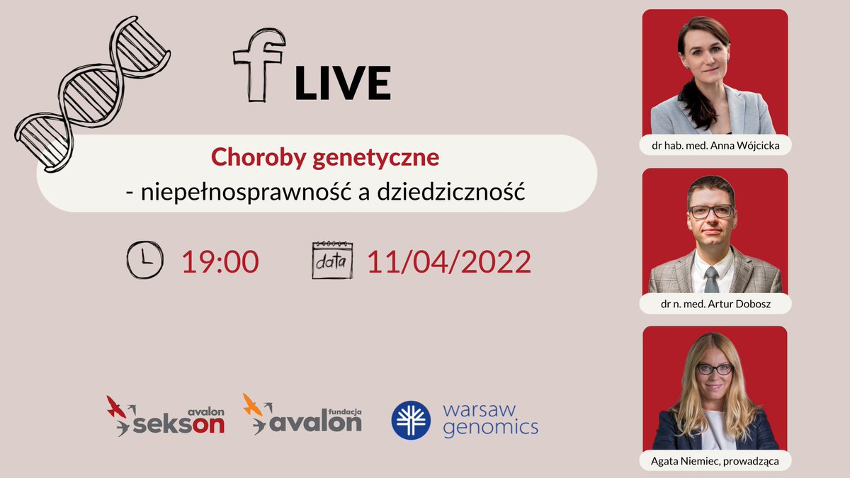 WarsawGenomics's tweet photo. Już w najbliższy poniedziałek, 11 kwietnia o godz. 19:00 porozmawiamy o dziedziczności chorób genetycznych. Co każda osób planująca potomstwo powinna wiedzieć? Spotkanie będzie transmitowane na żywo na naszym profilu @WarsawGenomics. Zapraszamy! https://t.co/FcdcscOvPV