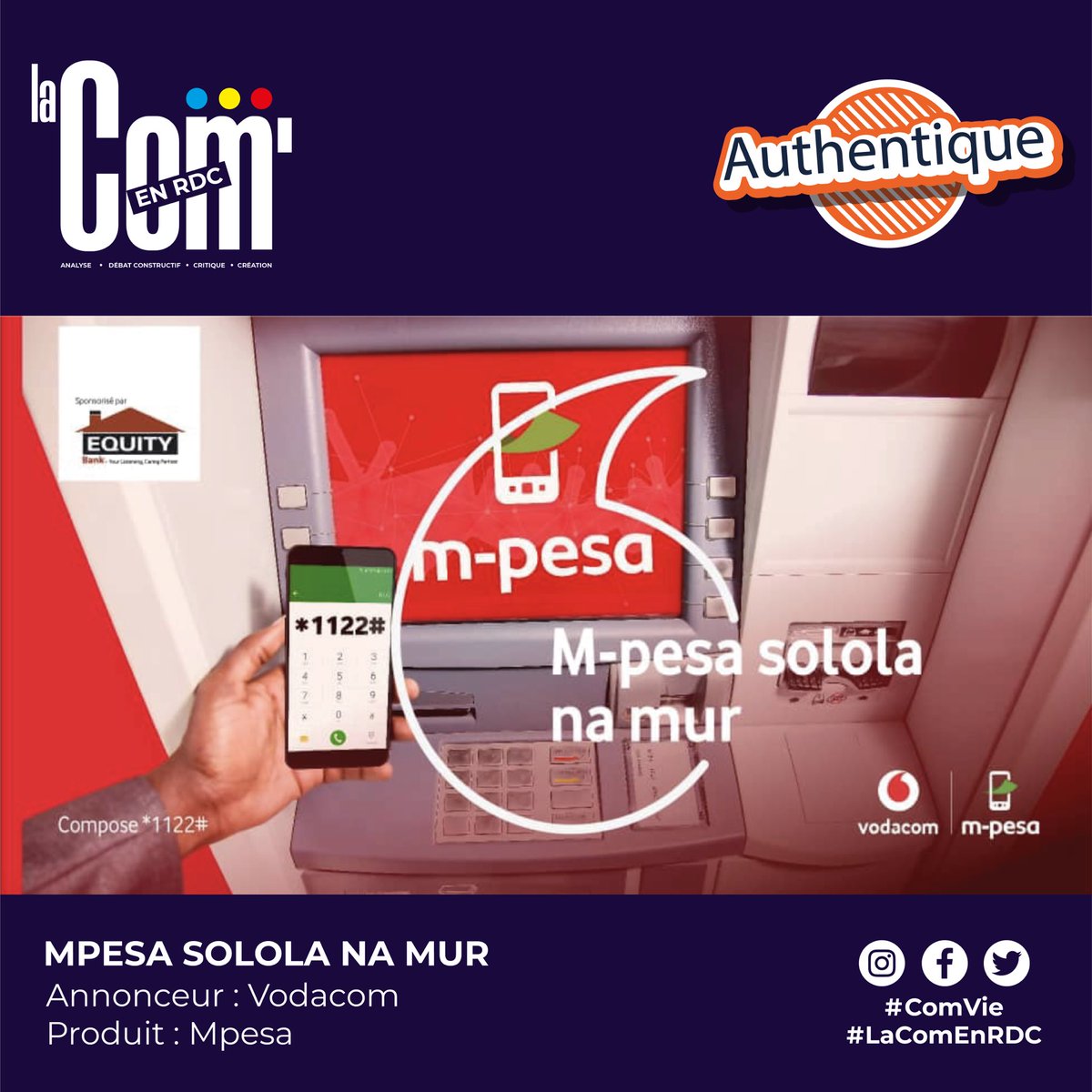 LaComEnRDC's tweet photo. Pour parler de sa nouvelle option de retrait de Cash par son service de mobile money Mpesa via un distributeur, @Vodacomcongo a mis en exergue en 2018 en un slogan tiré du Lingala (langue nationale congolaise). Solola na mur soit Converser avec un mur.
#ComVie #LaComEnRDC #Mpesa https://t.co/ymRbecoEcR