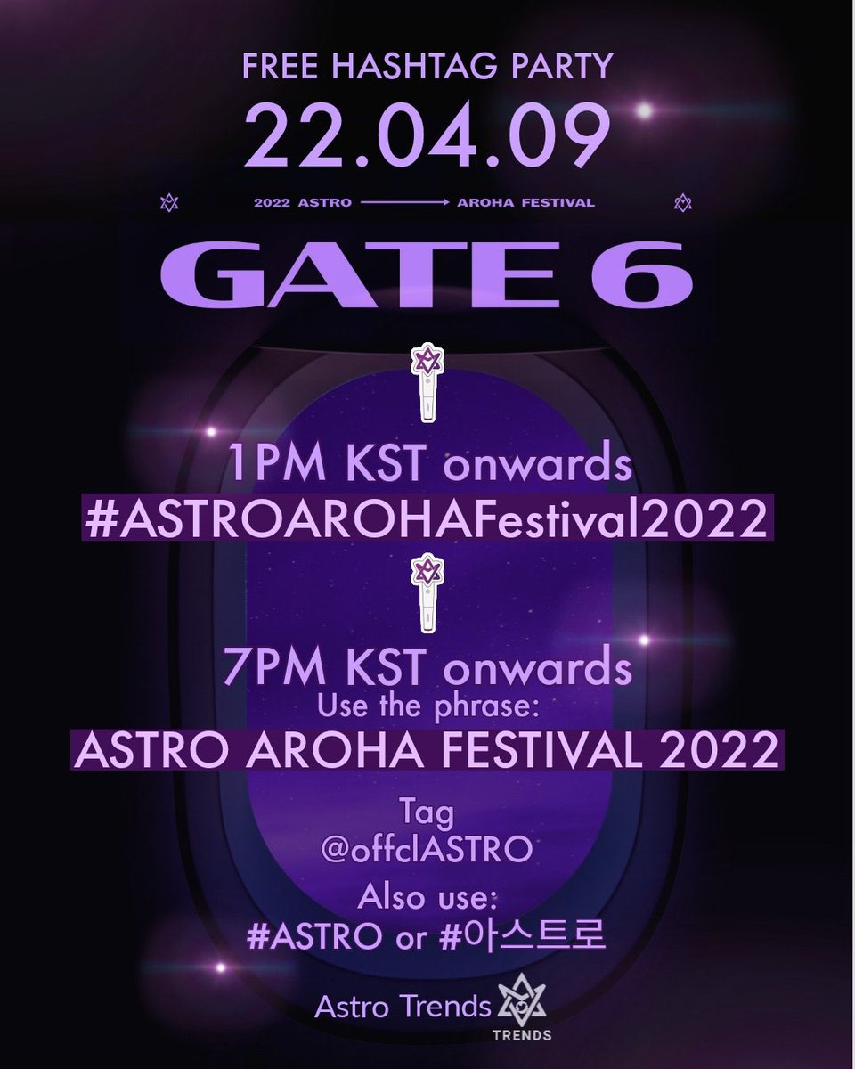 💜💜💜 [ TREND NOTICE ] 💜💜💜

Worldwide AROHA, are you ready for tomorrow?!

Please use the hashtag and phrase respectively in all your positive #AAF related tweets.

🚩Tag <a href="/offclASTRO/">ASTRO 아스트로</a> 
🚩Also use #ASTRO / #아스트로 

See you at #GATE6 !

#MJ #진진 #차은우 #문빈 #라키 #윤산하