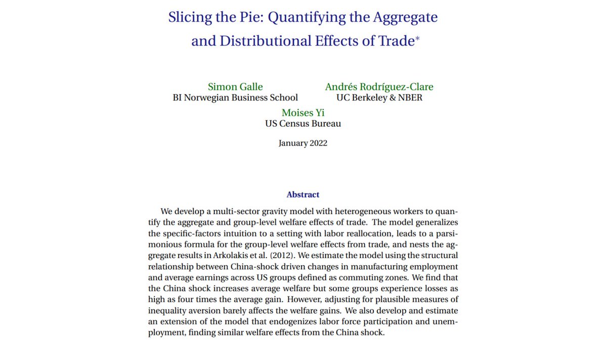What are the employment and welfare effects of trade shocks across groups and the whole economy?

Galle, Rodríguez-Clare and Yi examine this question in ``Slicing the Pie: Quantifying the Aggregate and Distributional Effects of Trade."

restud.com/paper/slicing-…