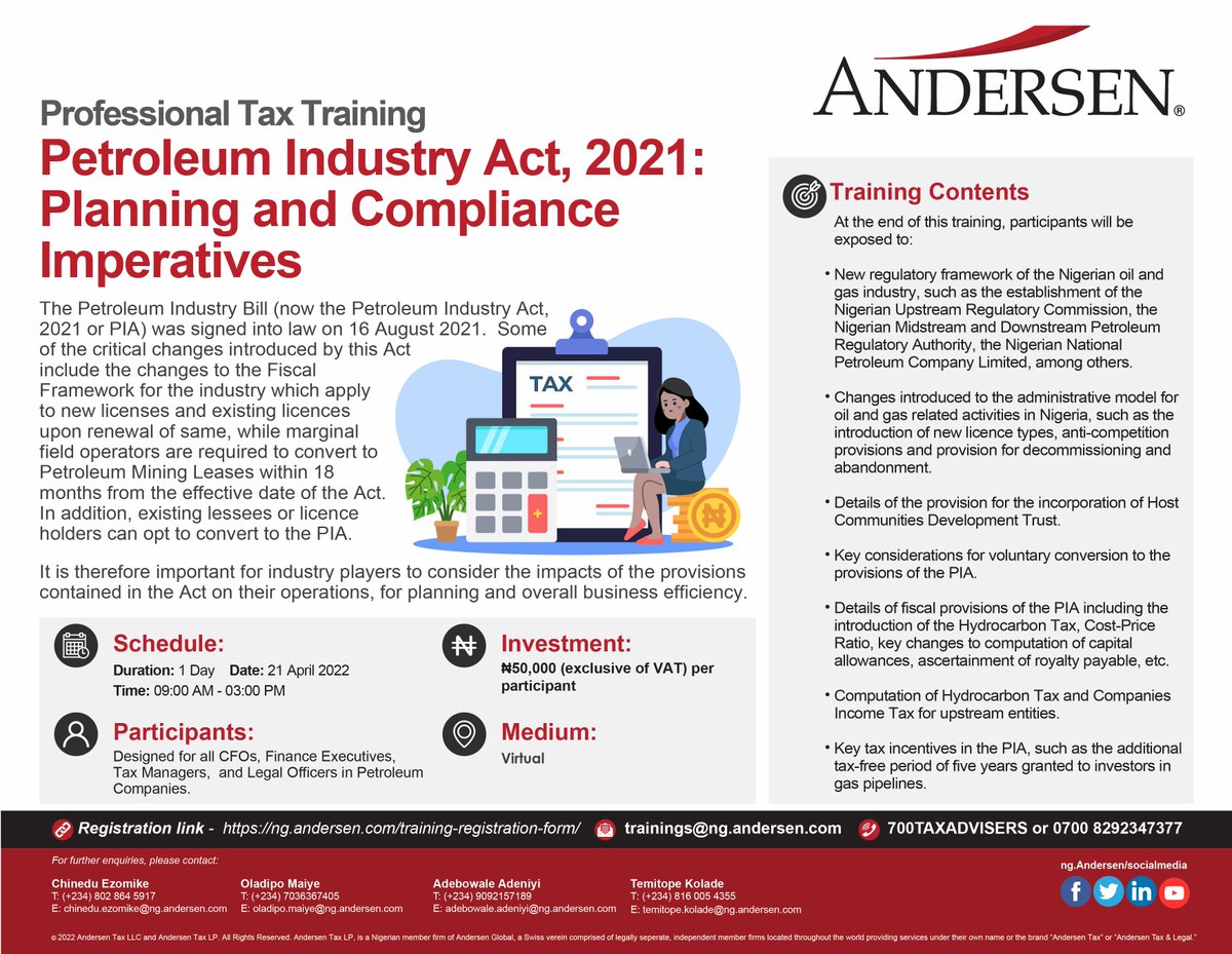 AndersenNigeria's tweet photo. Our training "Petroleum Industry Act, 2021: Planning and Compliance Imperatives" will come up on Thursday, 21 April 2022.
Click the link to register: https://t.co/5vvzuEitAu
Please see attached flyer for more details
#andersentraining #PIA #petroleumindustryact2021 #nigeria https://t.co/WeEav4lfpi