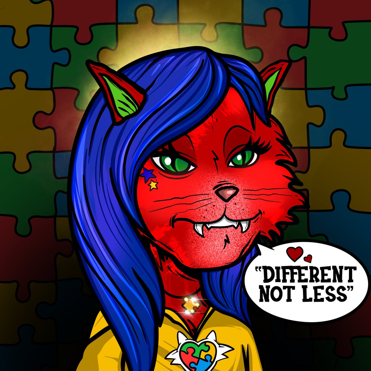 ElRealGenius's tweet photo. “Different Not Less” #PsychoMolly @PsychoKittiesOG @ElRealGenius @Ugonzo_art #CROFAM autism awareness https://t.co/2JNFAWoOiB
