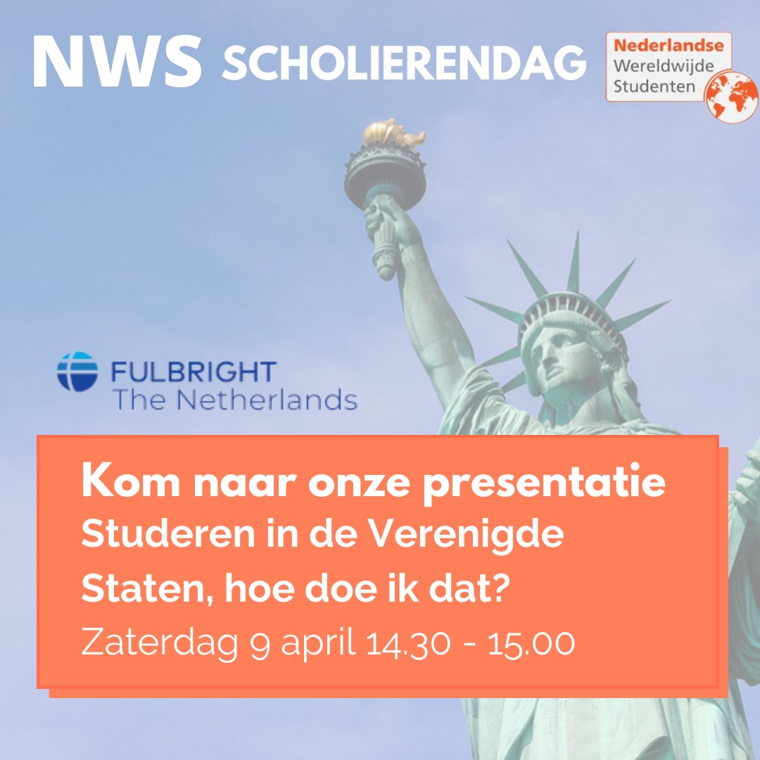 Morgen, zaterdag 9 april om 14:30 geeft de Fulbright Commission een presentatie over studeren in Amerika tijdens de NWS scholierendag. Meer weten? bit.ly/35cJGI4