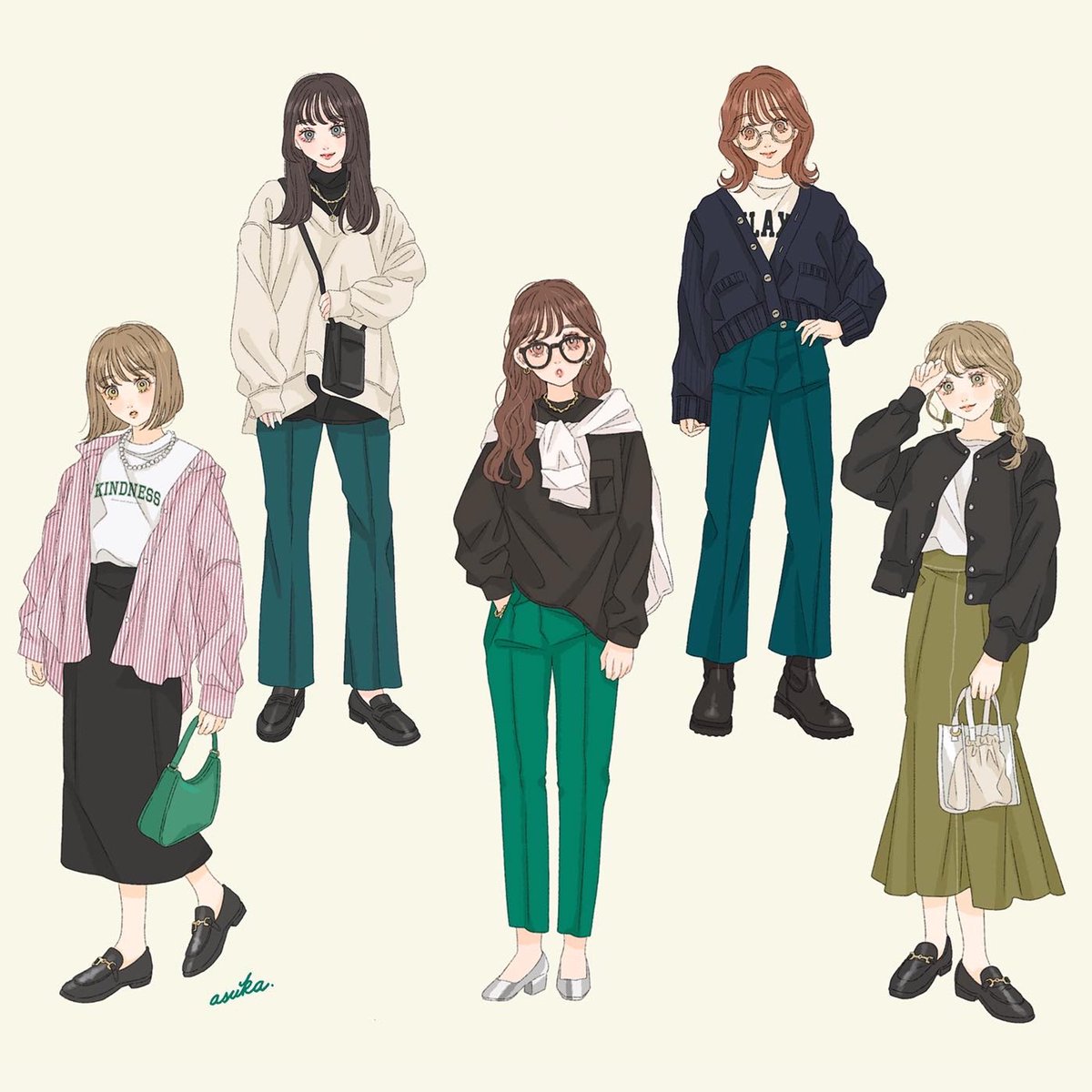 全身GUのグリーンコーデ、イラストまとめました🤢💚