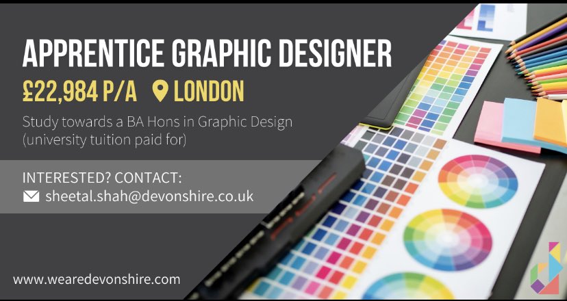 DevonshirePres's tweet photo. Calling all #GraphicDesign students 📢 We are working with a leading communications company who are offering an amazing paid Graphic Design Apprenticeship in London! Head over to https://t.co/OAcgzafffX for more information &amp; to apply! https://t.co/1zufXYtOMm