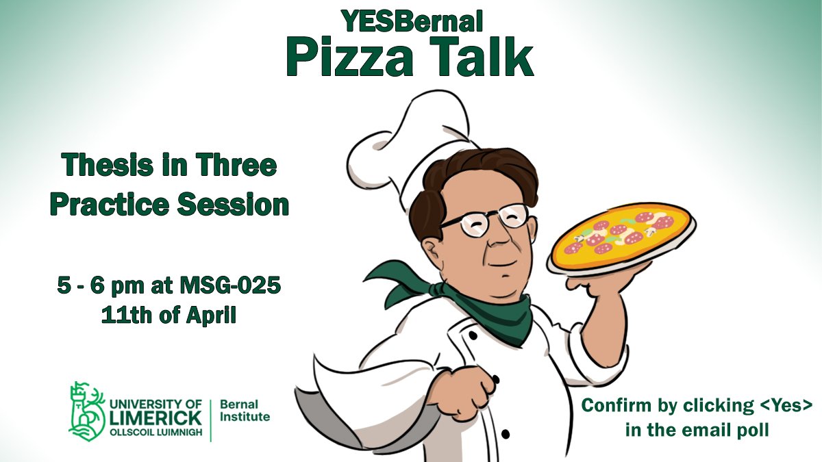 Free pizza next Monday! This talk is for anyone who wants to practice a presentation for the Thesis in Three competition for Research Day in UL. Everyone is welcome to practice or just to listen!