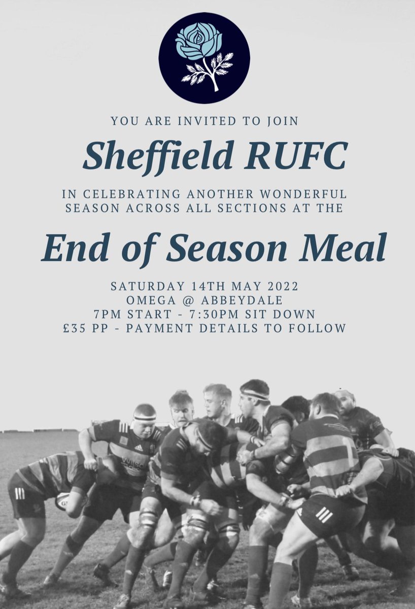 Join us for our End Of Season Meal! 🏉

We are hosting our end of season meal at <a href="/OmegaAbbeydale/">Omega at Abbeydale</a> on 14th May. Be sure to come &amp; celebrate a superb season for all sections at the club!

Buy your tickets here ▶️
ow.ly/YEiP50ICOfm

#ourcityourclub #sheffield #rugby #rugbyunion