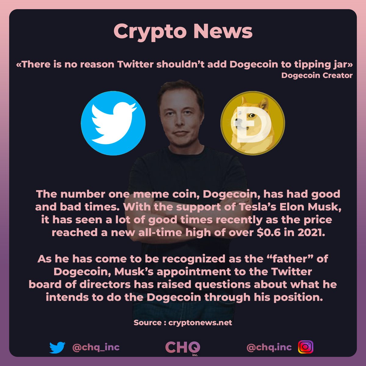 chq_inc's tweet photo. Crypto News 🗞

@elonmusk @Twitter @dogecoin @ElonTrades @Mahmoud13639817 @ElonMansur 
#cryptocurrencies #Cryptos #cryptocurrency  #Etherum #bitcoins #bitcoin #NFT #NFTCommunity #NFTGiveaway #Metaverse #MetaWarsNFT #MARK #CryptoNews #ElonMusk #Twitter #dogecoin #DogecoinToTheMoon https://t.co/53SmihWTr8