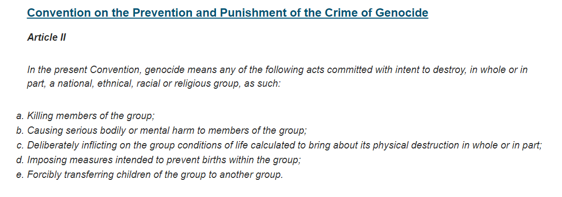 eleanormia's tweet photo. In international law, genocide is defined as the intent to destroy a national, ethnic, racial or religious groups

The key word here is intent — this can be very hard to prove in international courts, and often requires a much higher burden of proof than related atrocities https://t.co/P0WdL56Gzi