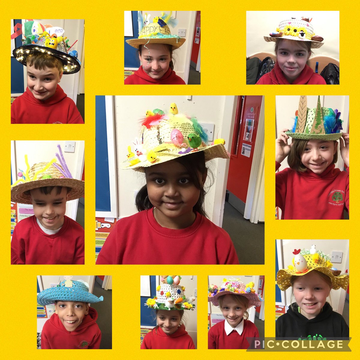 OakfieldY4's tweet photo. What a fantastic display Year 4 have made with their Easter bonnets. They are fantastic. 🍫🐣🐰🌻 https://t.co/33IGJnuyhv