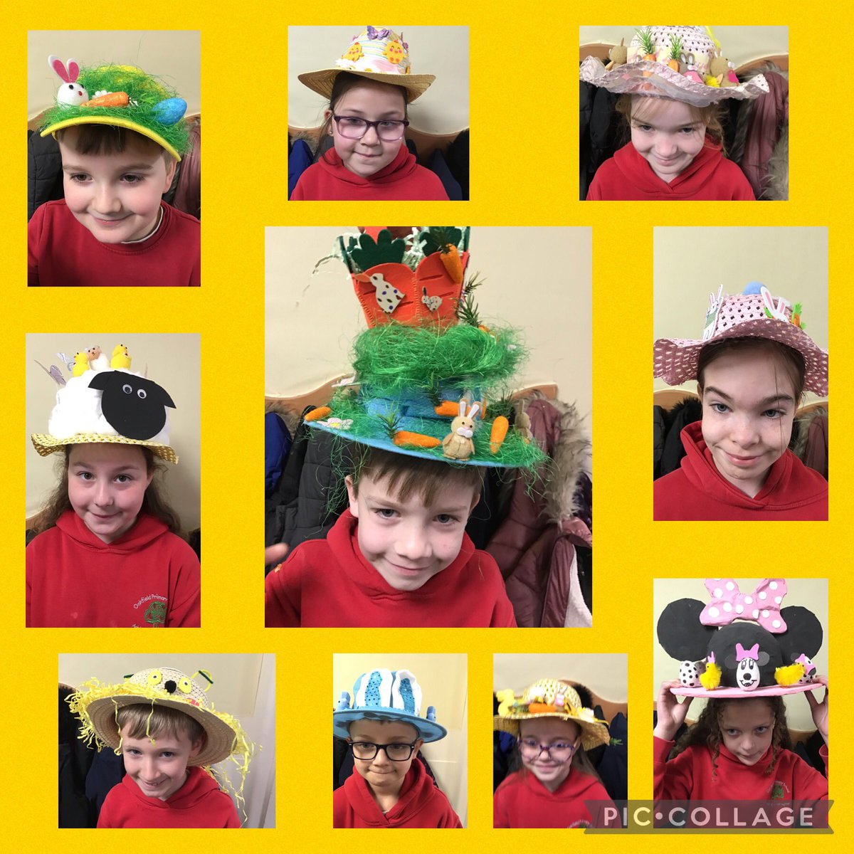 OakfieldY4's tweet photo. What a fantastic display Year 4 have made with their Easter bonnets. They are fantastic. 🍫🐣🐰🌻 https://t.co/33IGJnuyhv