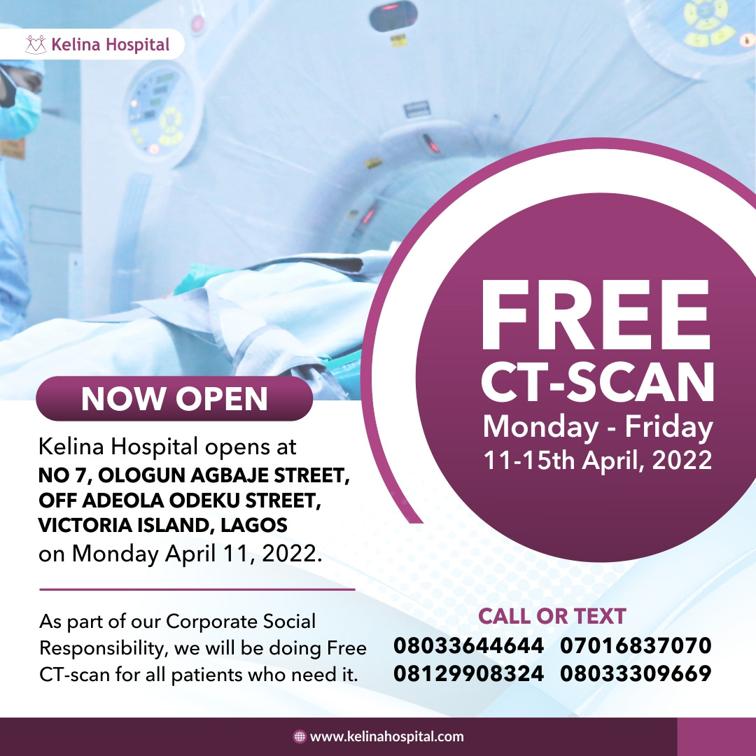 KelinaHospital's tweet photo. Kelina Hospital 
Opens at No 7, 
Ologun Agbaje Street, Off Adeola Odeku Street
Victoria Island
Lagos, Monday April 11, 2022. 
For one week, we are doing free CT scan for all patients who need it, as part of our CSR between Monday, April 11 and Friday, April 15, 2022. 🧵 https://t.co/jmgxtaGPO9