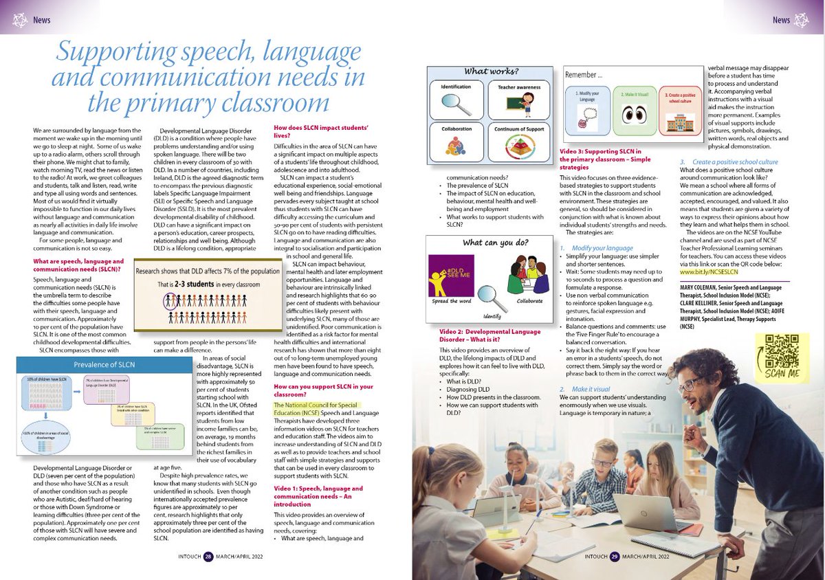 NCSE is delighted to share an article highlighting our Speech, Language and Communication Needs and Developmental Language Disorder videos for teachers bit.ly/NCSESLCN, in the current INTO #InTouch magazine intouch.into.ie/html5/reader/p…