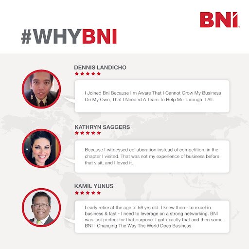 BNI is where the world gathers to network and grow. 🌎 Don't just take our word for it, you have a number of testimonials from happy BNI Members who feel the same way! #BetterTogether #BackToBusiness