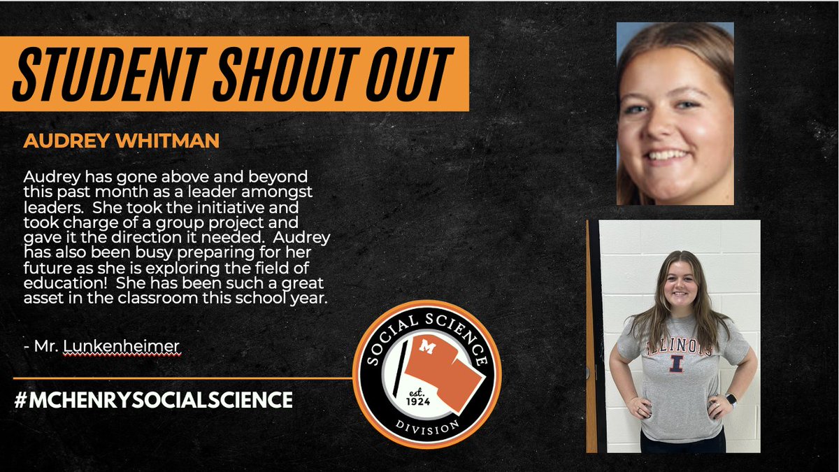 <a href="/McHenrySS/">MCHS Social Science</a> SHOUT OUTS TODAY! Shout out to Audrey!  Continue being a great leader and an example of what it means to be a Warrior.  #warriorpride156