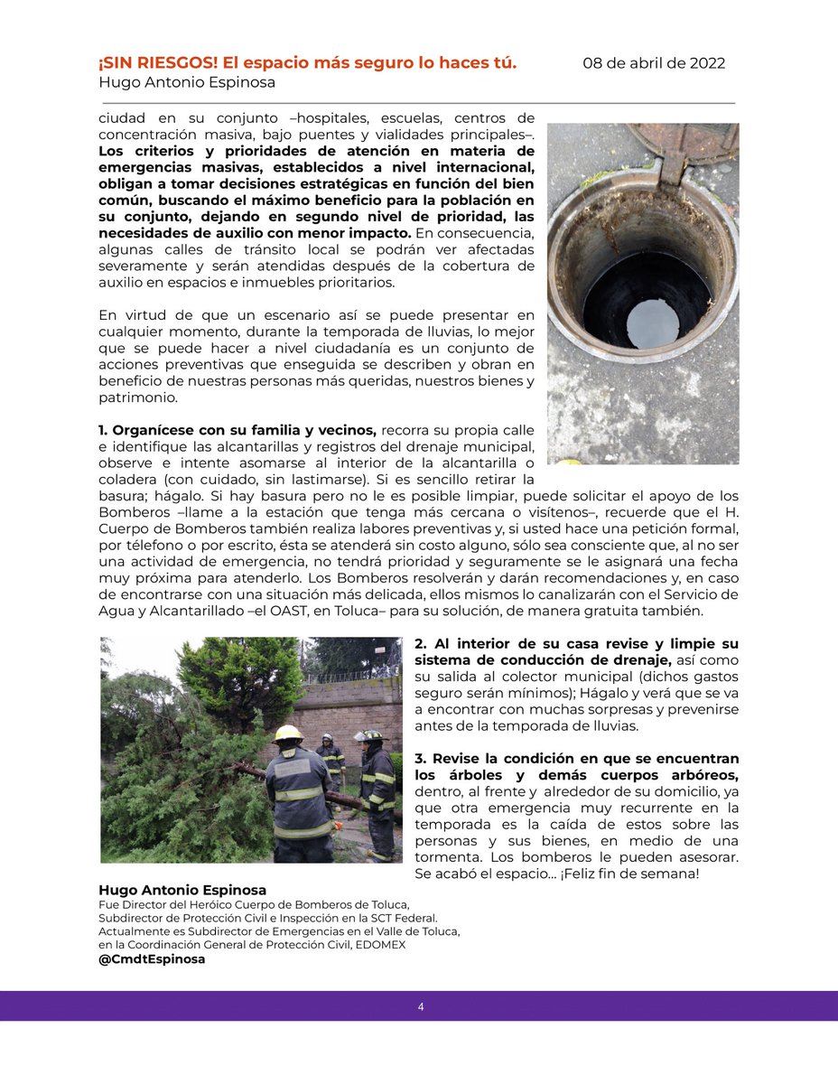 CmdtEspinosa's tweet photo. Buenos días!!!
Comparto mi Columna ¡SIN RIESGOS! de esta semana. La acumulación de basura en el drenaje y sus riesgos de inundación, frente a la Temporada de Lluvias que ya se avecina. Tomen sus medidas preventivas!!! 👇 https://t.co/RW6MpZbSiO