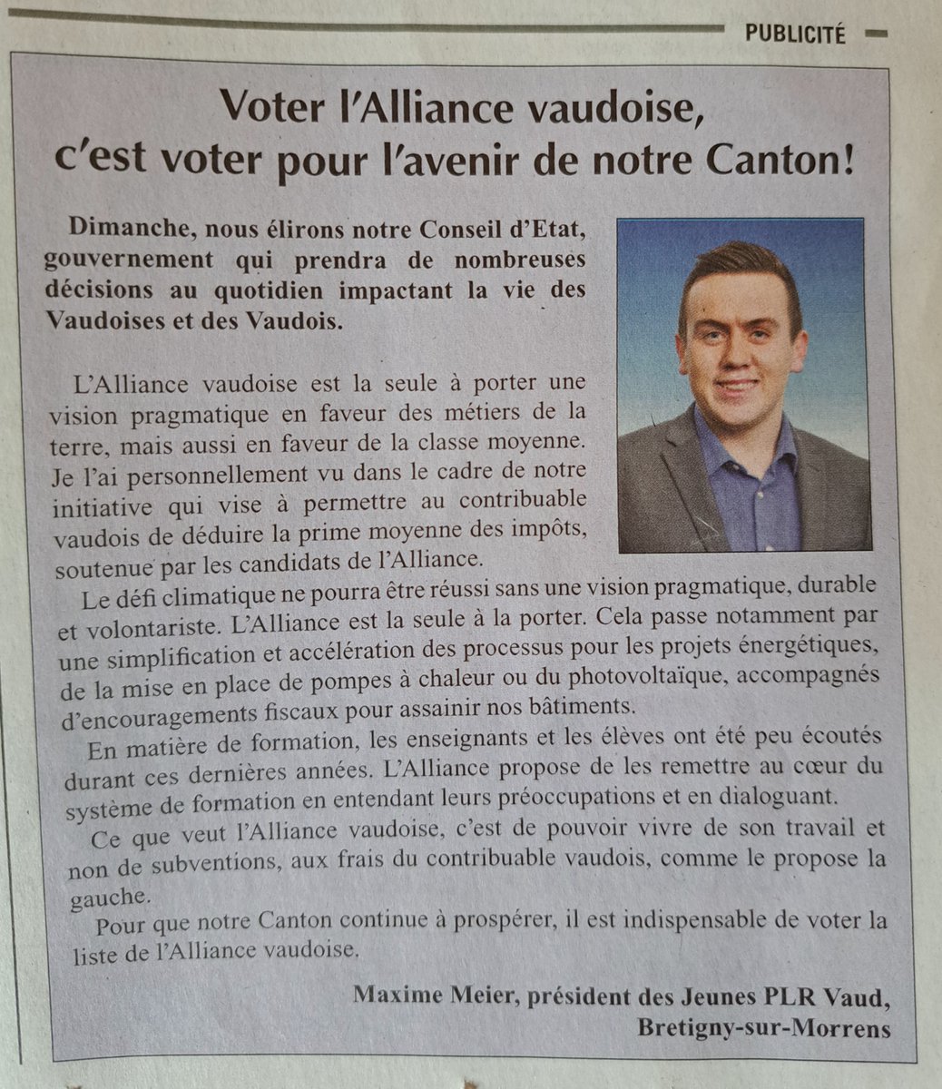 maxime_meier's tweet photo. Plus que jamais nécessaire de voter #AllianceVaudoise !
➡️ Retrouvez ci-dessous mon article dans l' #EchoDuGrosDeVaud 
#VD2022 #ECVD22 @PLR_VD @LeCentreVaud @UDCVaud 
@michael_buffat @FredericBorloz @IsabelleMoret @VDittli @CLuisierBrodard https://t.co/0JzLseYOzD