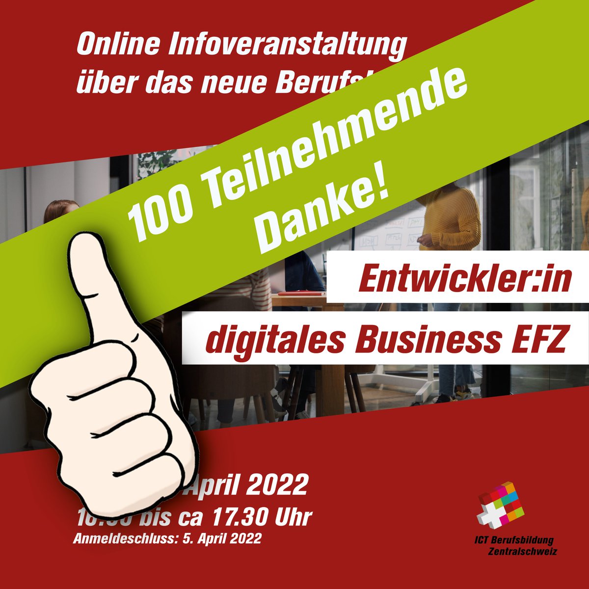 Am 6. und 7. April fand die Online-Informationsveranstaltung mit insgesamt 100 Personen statt. 💯👏🌸

Wir danken für die zahlreichen Interessenten an dem vielfältigen Beruf «Entwickler:in digitales Business EFZ».💪

#Zukunftsberufe #ICT #ICTLehre #DigitalBusiness #Fachkräfte