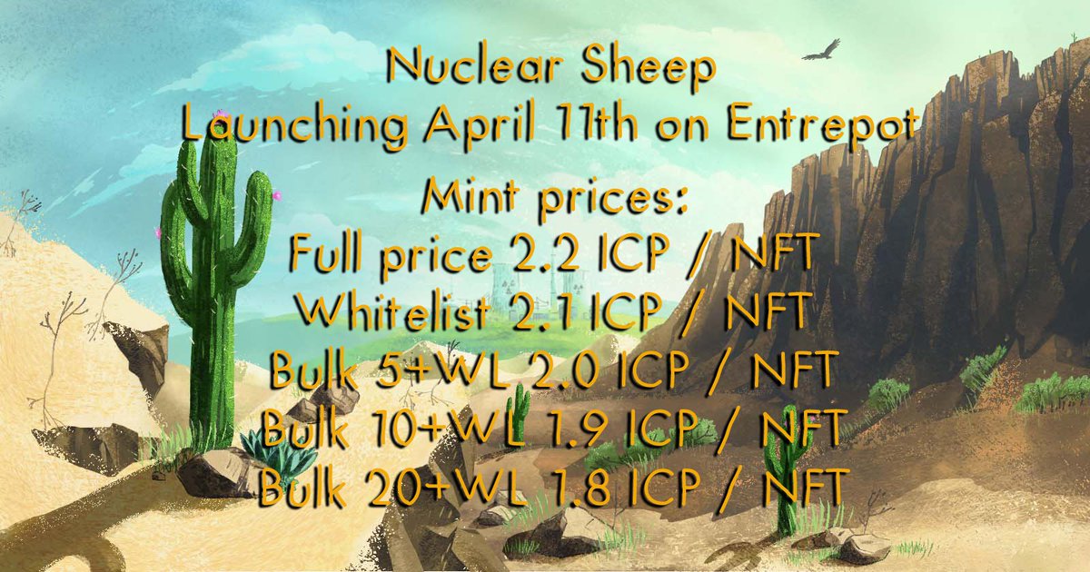 🚨MINT PRICES🚨

🐑Fellow fluffers we have released our price list for our launch on April 11th on @EntrepotApp

#Dfinity #ICP #NFTCommunity #ICPFamily #NFTs #NuclearSheep