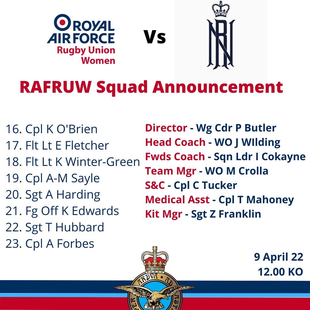 RAFRU_Women's tweet photo. Your RAFRUW team for tomorrows 2nd #InterService2022 match is here 👇
✈️ v ⚓️ https://t.co/fDHpCKbC3R