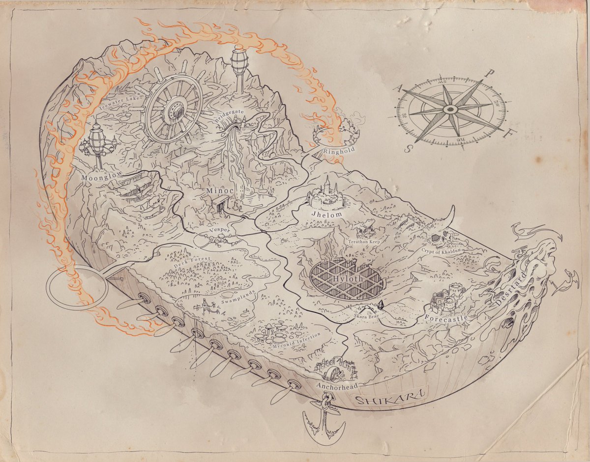 I worldmap I created for my friend. It's built on a colossal ship that hops between dimensions, collecting species and detritus from all worlds it visits.