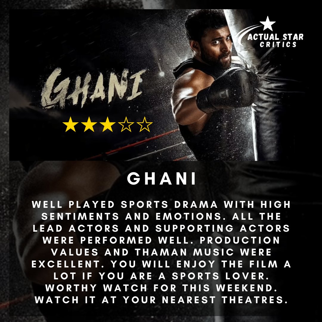 Alwayspawankou1's tweet photo. #Ghani #GhaniReview #GhaniDay #VarunTej Don't believe negative reports. As every commercial sports drama it plays well. Don't compare with another movies. Watch it at your nearest theatres. https://t.co/Yw0EF4Zol6