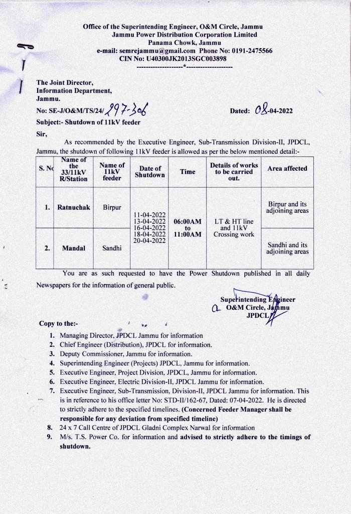 SE (O & M) Circle Jammu JPDCL tweet media