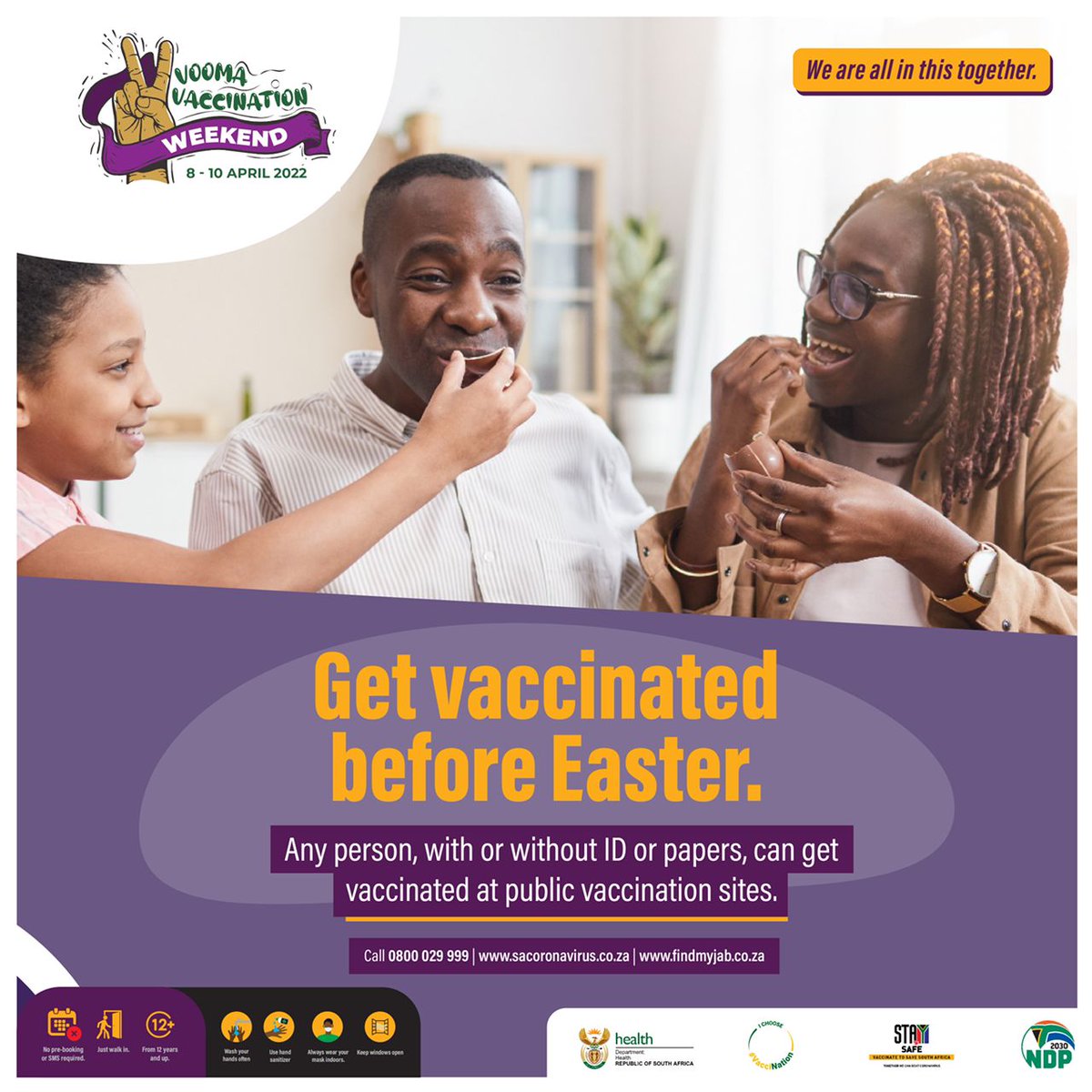 DIRCO_ZA's tweet photo. #VaccineRolloutSA | Get vaccinated before easter. #VoomaWeekEnd 8 to 10 April 2022. We are all in this together. https://t.co/4qawKUB5Ix