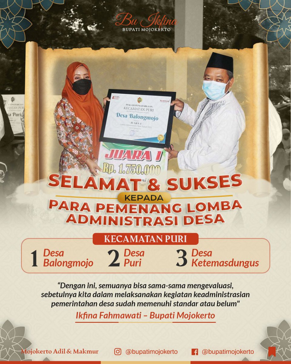 IkfinaFahmawati's tweet photo. Selamat kepada seluruh pemenang perlombaan administrasi desa.
Semoga perlombaan ini bisa menjadi sarana evaluasi bersama dan pemicu untuk terus meningkatkan kualitas pelayanan desa.
#administrasidesa #ikfinafahmawati #bupatimojokerto #kabupatenmojokerto https://t.co/fb3TnUu0QV