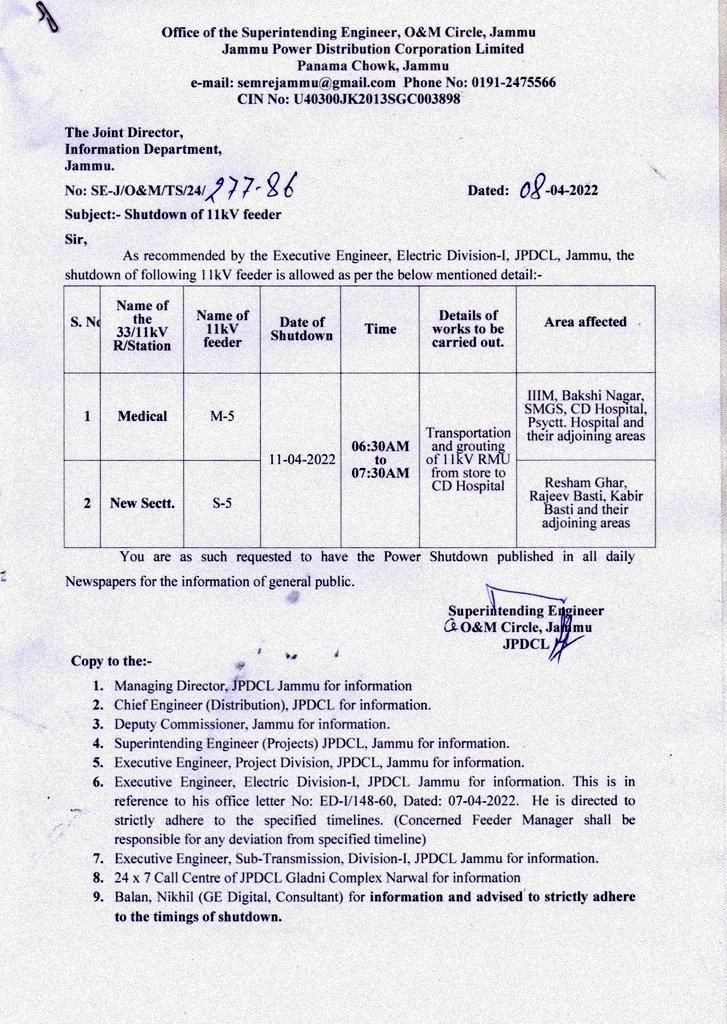 SE (O & M) Circle Jammu JPDCL tweet media