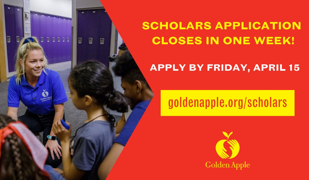 The Golden Apple Scholars of Illinois Program application closes in one week! Get up to $23,000 in total financial assistance, mentoring, job placement assistance and more. Apply today: goldenapple.org/scholars